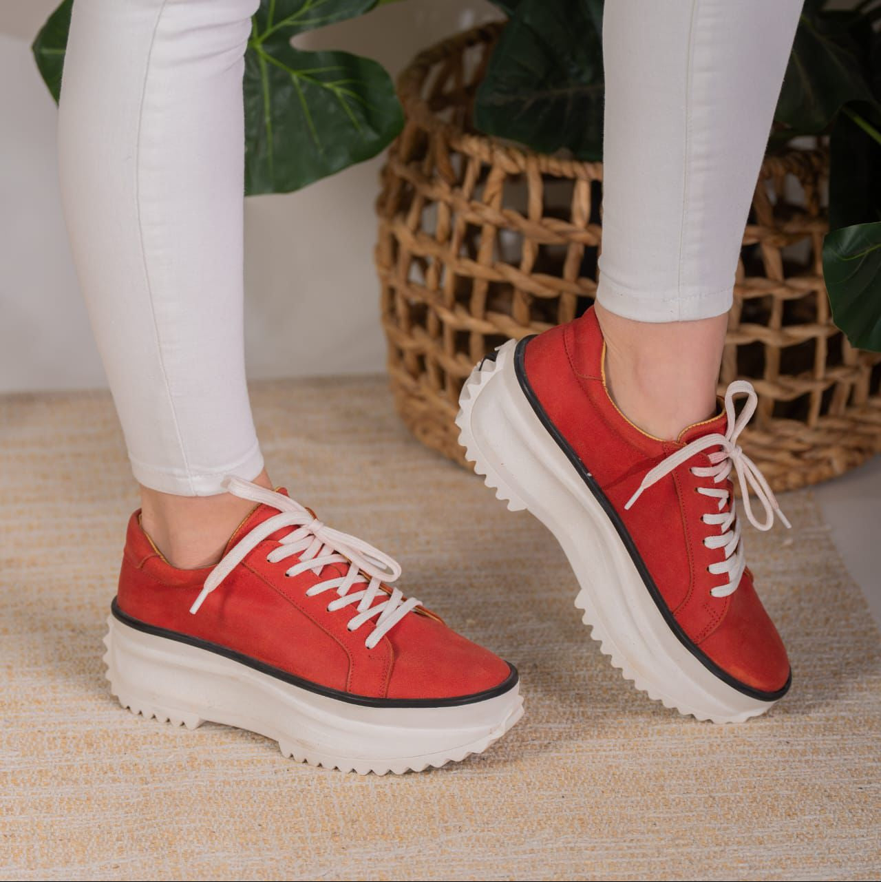 Zapatilla cuero efecto Gamuza Rojo