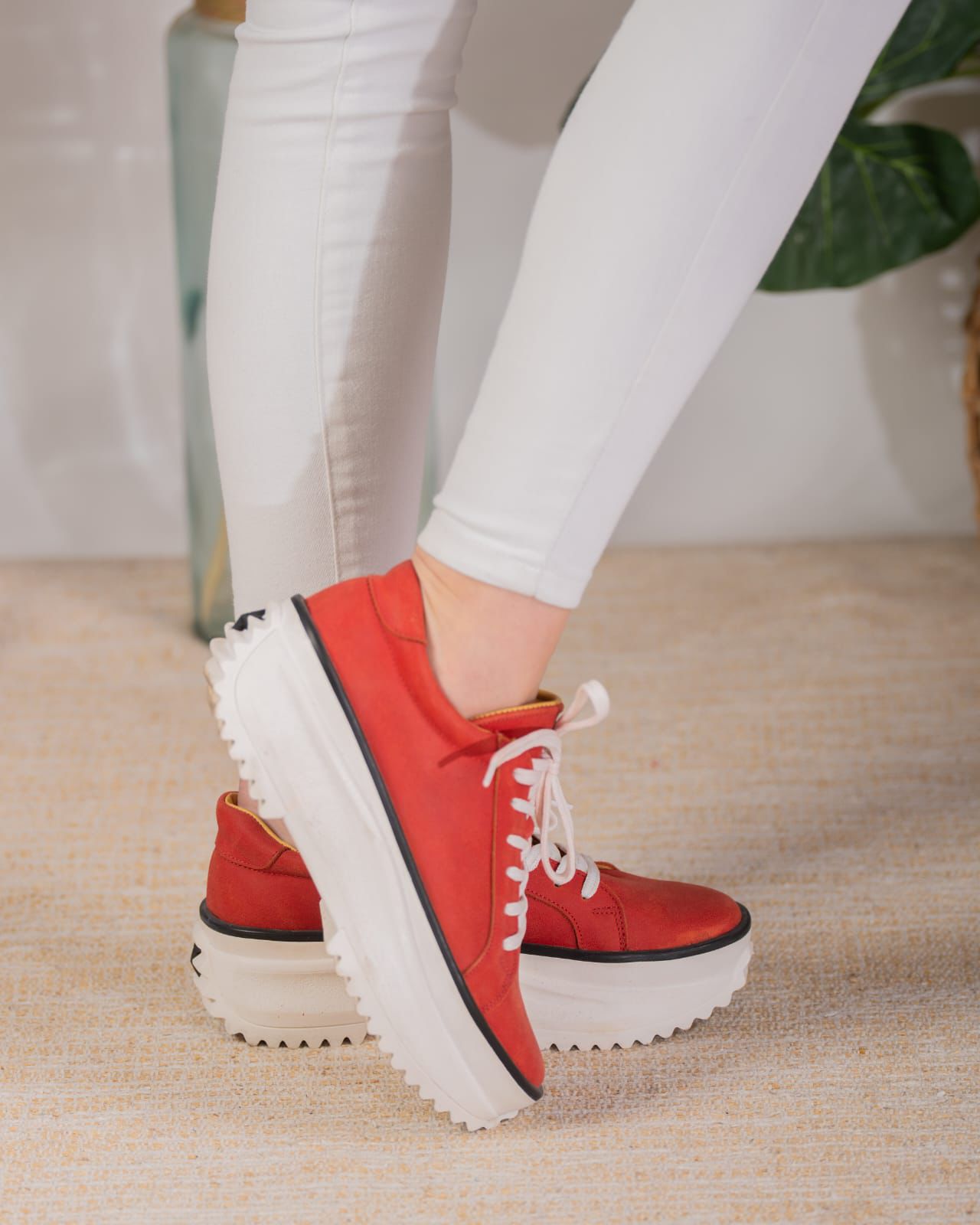 Zapatilla cuero efecto Gamuza Rojo